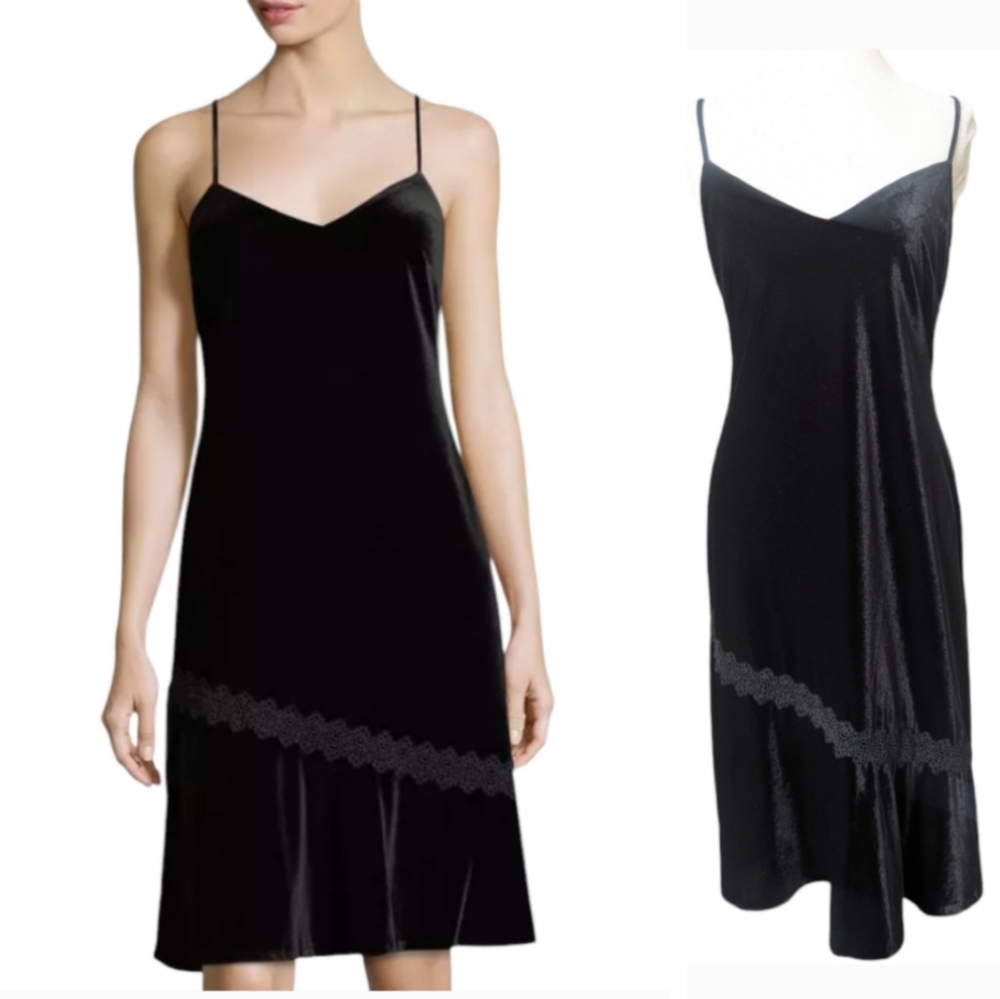 Karl Lagerfeld Paris Dress 10 Velvet Black Midi Lace Trim Evening LBD Medium